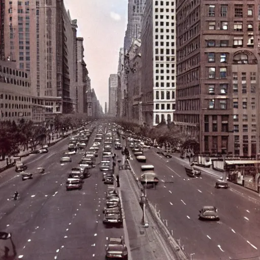 Prompt: a photo of downtown New York City, 1943, Kodachrome film