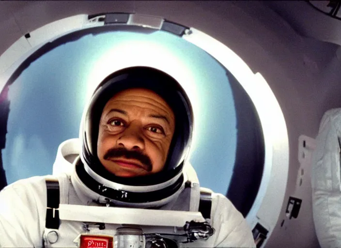 Image similar to film still of young old Cheech Marin as Dr. Dave Bowman in shuttle flying into black hole in 2001 A Space Odyssey