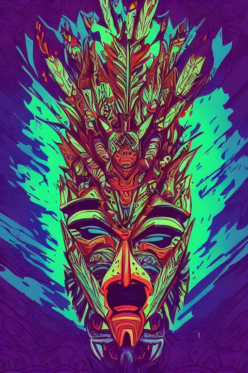 Image similar to totem animal mask tribal feather gemstone plant wood rock shaman vodoo video game vector illustration vivid multicolor borderlands comics by josan gonzales and dan mumford radiating a glowing aura