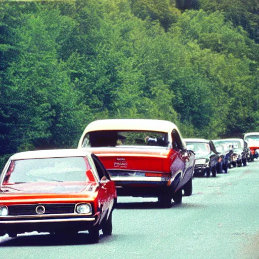 Image similar to people and cars heading to woodstock, 1 9 6 9, 8 k, 7 0's color