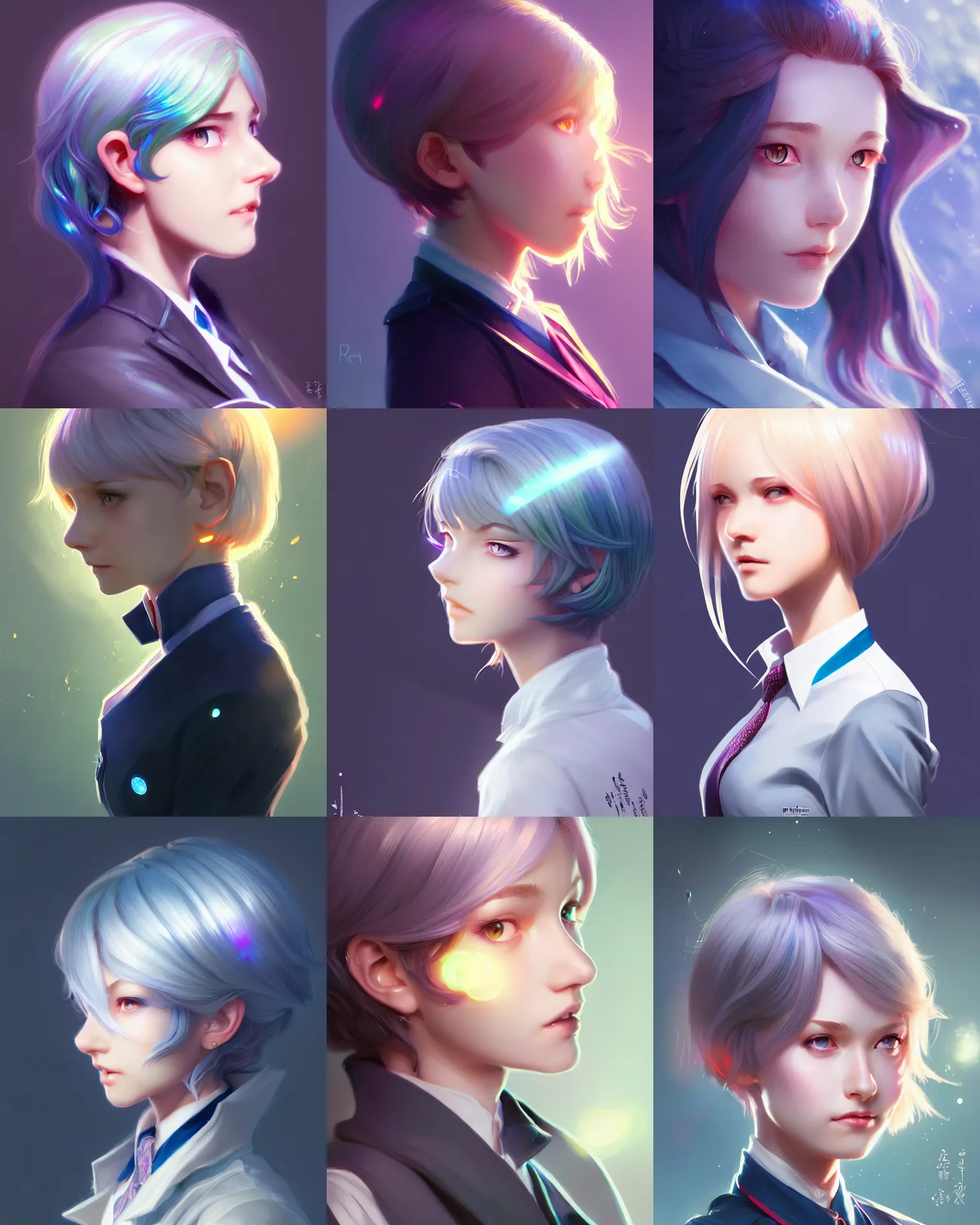 Prompt: side portrait of an innocent lost college girl, strixhaven magic school university uniform, light iridescent hair color, cute short hair style, fantasy, intricate, sharp focus, lens flare, bloom, rim light, illustration, highly detailed, digital painting, concept art, matte, art by ruan jia