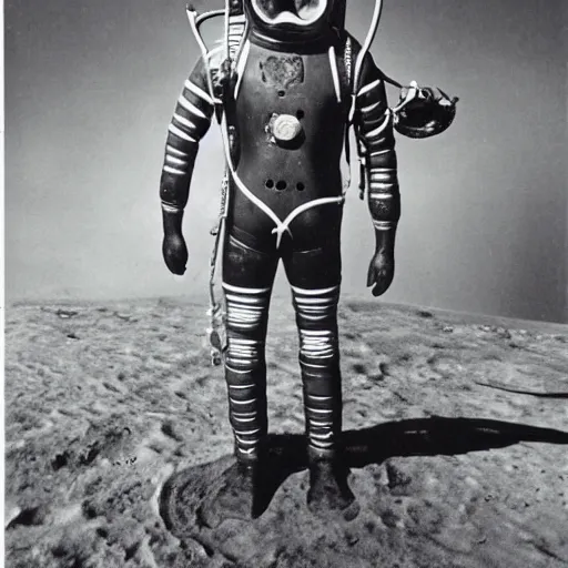 Prompt: detailed photo of a diver wearing an early diving suit. the diver is holding an electric guitar on the moon. old diving suit pictures. old diving suit. early diving suit. old diving suit photos. detailed