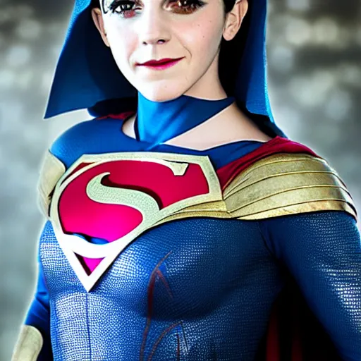 Prompt: Medieval Supergirl cosplay by Emma Watson, seductive gaze, 8k, professional photography, cinematic studio shot, dark, smoke