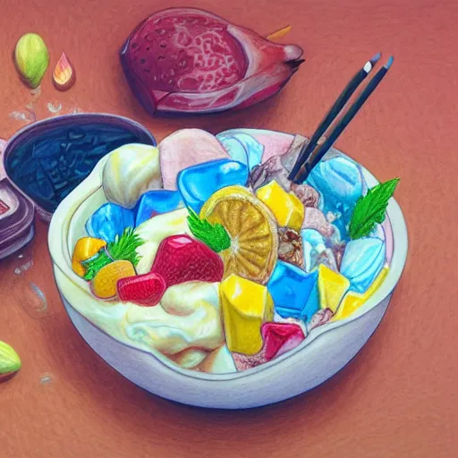 Image similar to Colored pencil art on paper, Ice Cream Fudge Sundae in a bowl with fruit toppings, highly detailed, artstation, MasterPiece, Award-Winning, Caran d'Ache Luminance