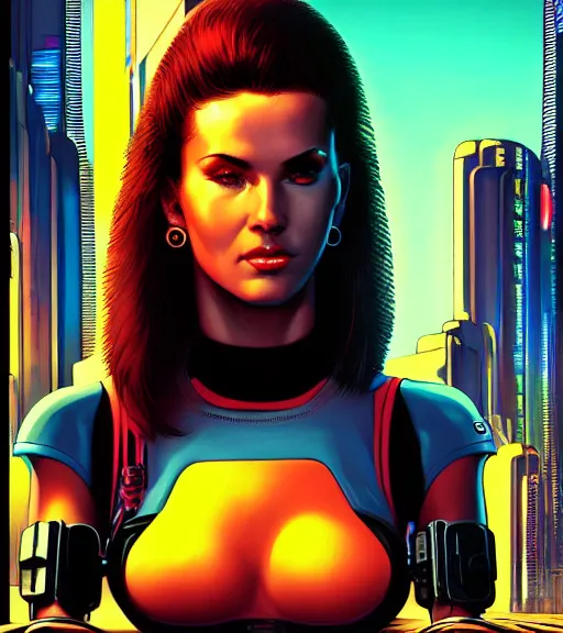 Image similar to cable plugged in, side of head, very very beautiful woman, cyberdeck computer terminal, street level night city, 1 9 7 9 omni magazine cover, style by vincent di fate, artgerm, cyberpunk 2 0 7 7, very coherent, detailed, 4 k resolution, unreal engine, daz