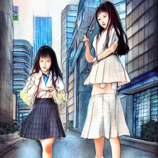 Image similar to a perfect, realistic professional digital sketch of a Japanese schoolgirls posing in a sci-fi cityscape, style of Marvel, full length, by pen and watercolor, by a professional American senior artist on ArtStation, a high-quality hollywood-style sketch, on high-quality paper