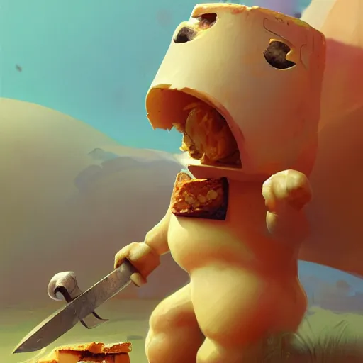 Image similar to a large slice of toasted bread with a face, arms and legs, holding a sword, cute pixar character, volumetric lighting, dynamic composition, fantasy, hyper detailed, ultra realistic, sharp focus, octane render, concept art by sachin teng and sergey kolesov and ruan jia and heng z
