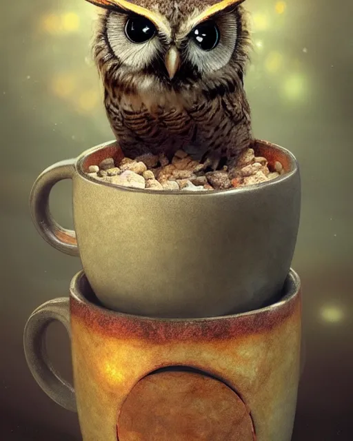 Prompt: long shot of a very cute owl chick nesting in a futuristic mug, esao andrews, humorous illustration, hyperrealistic, big depth of field, warm colors, night scenery, low light, 3 d octane render, 4 k, concept art, hyperdetailed, hyperrealistic, trending on artstation