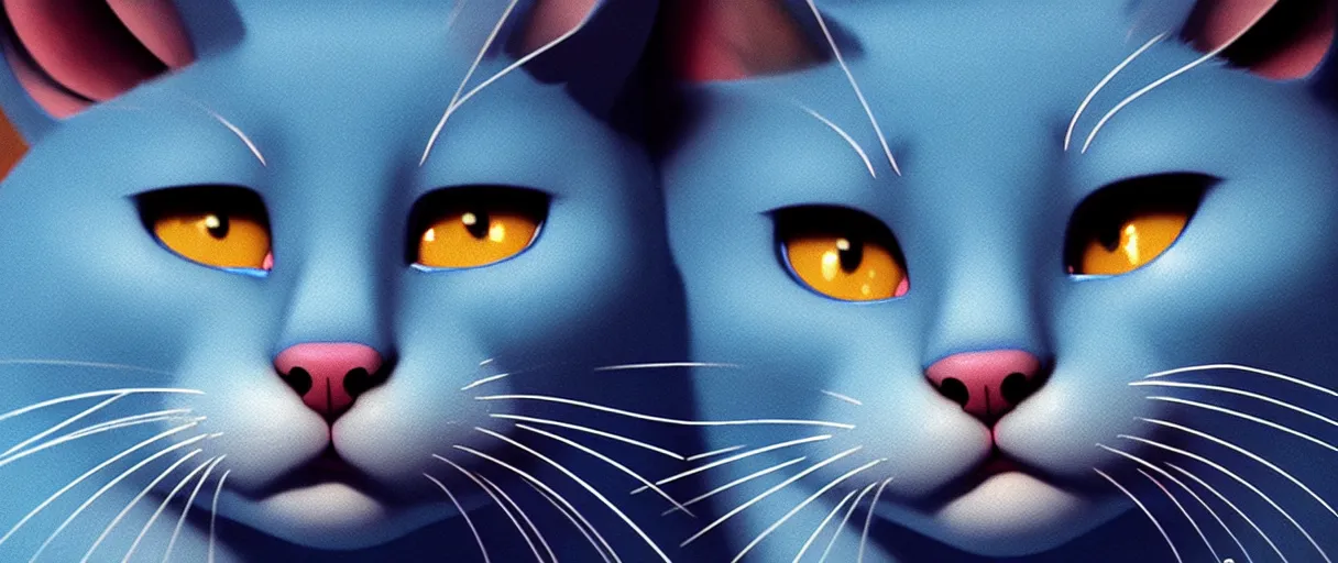 Image similar to hyperrealistic highly detailed close-up of a sad cute blue cat with round puppy eyes concept art mike mignola artemisia gentileschi sharp cinematic lighting 8k low angle shallow depth of field