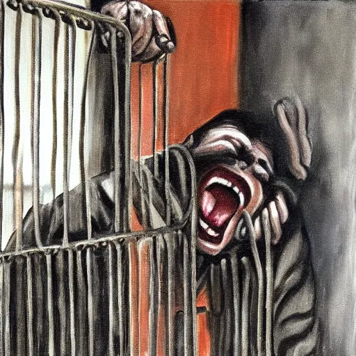Image similar to a screaming prisoner holding prison bars, realism old painting