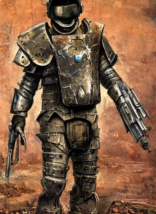 Image similar to a detailed painting of a man in post apocalyptic modern armour and a helmet walking around a wasteland holding a modified shotgun. hd. 1 9 5 0 s painting style. detailed background