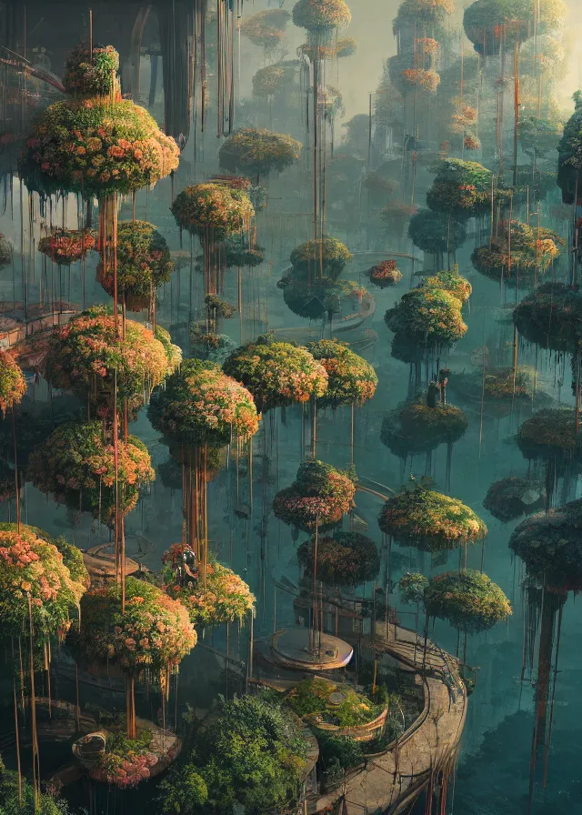 Image similar to The Empress’ hanging, swirling gardens, Jakub Kasper, Makoto Shinkai, Simon Stålenhag, matte painting, featured in artstation, octane render, cinematic, elegant, intricate, 8k