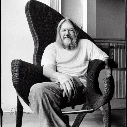 Prompt: robert wyatt sitting on a big spider - chair