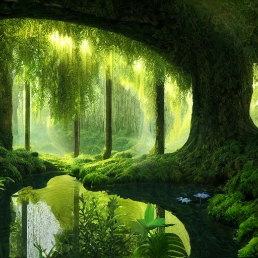 Image similar to found footage of a vast heavenly garden of peace, wide eden filled with surreal trees, stone slab, colourful wild flowers, moss sheds, fern towers, small stream and puddles, birds singing, early morning mild lighting, volumetric lighting, hyper realistic