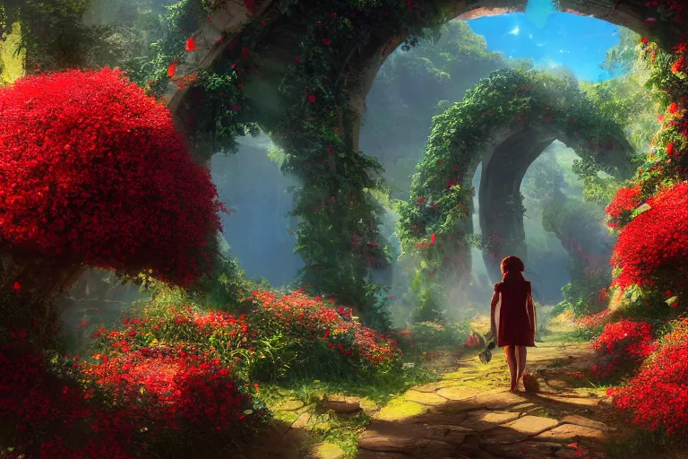 Prompt: broken arches leading to the pillars of eternity draped with red flowers and vines, blue sky, lens flare, a sense of mystery, movie poster, matte painting by Makoto Shinkai and Thomas Kinkade, 8K