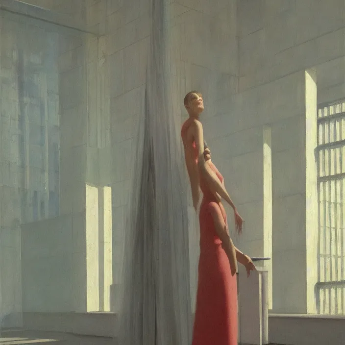 Image similar to woman in transparent robes, short skirt, in magnificent shopping mall, oil painting by edward hopper, zdislav beksinski, wayne barlowe