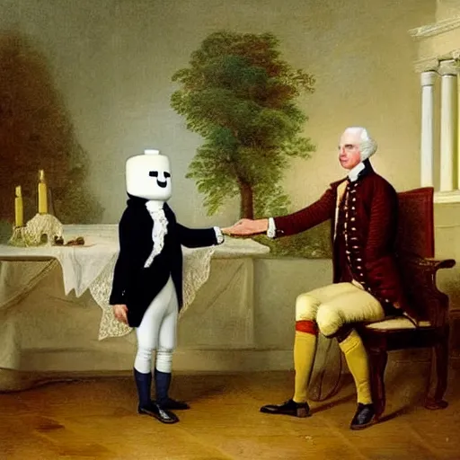 Image similar to Victorian painting of Marshmello greeting George Washington