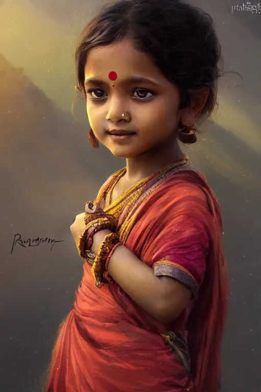 Image similar to hindu little girl, joyful, close - up portrait, intricate, elegant, volumetric lighting, scenery, digital painting, highly detailed, artstation, sharp focus, illustration, concept art, ruan jia, steve mccurry