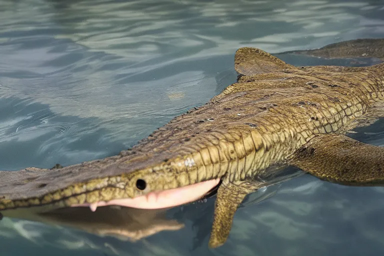 Image similar to a crocodile shark!!! hybrid! hyper realistic!! realistic lighting!! wildlife photographer of the year!!! bold natural colors, national geographic, hd, wide angle, 8 k