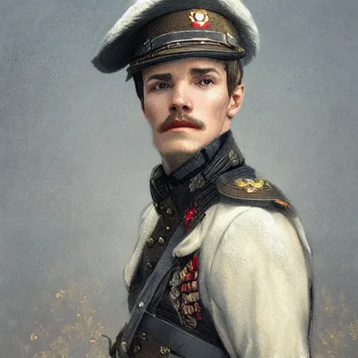 Prompt: portrait of a Male Prussian military soldier, short sliver hair, intricate, elegant, highly detailed, digital painting, artstation, concept art, smooth, sharp focus, illustration, 1900s, art by artgerm and greg rutkowski and alphonse mucha