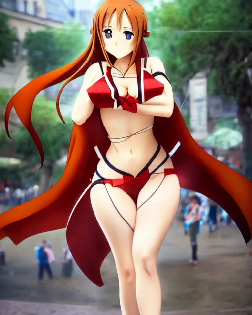 Image similar to pinup photo of asuna from sao in the crowded square of the city, asuna by a - 1 pictures, by by andrei riabovitchev, james jean, gil elvgren, enoch bolles, glossy skin, pearlescent, anime, very coherent, sao style anime, flat