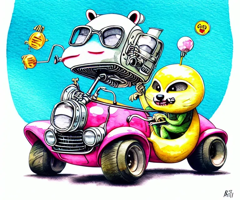 Image similar to cute and funny, racoon wearing a helmet riding in a tiny hot rod with oversized engine, ratfink style by ed roth, centered award winning watercolor pen illustration, isometric illustration by chihiro iwasaki, edited by range murata, tiny details by artgerm and watercolor girl, symmetrically isometrically centered