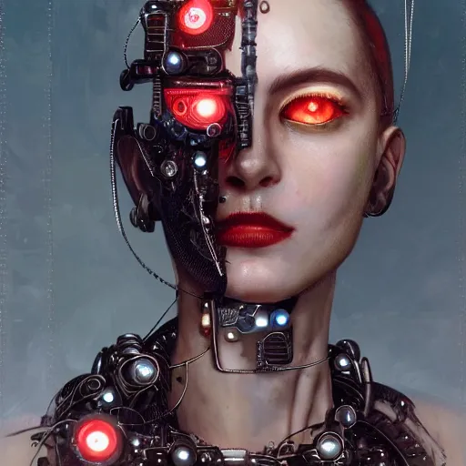 Prompt: A professional portrait of a young cyborg woman made of metal parts, gears, wires as hair, red eyes, lipstick, narrow waist, symmetrical face features, elegant, finely detailed, concept art, in style of Greg Rutkowski,