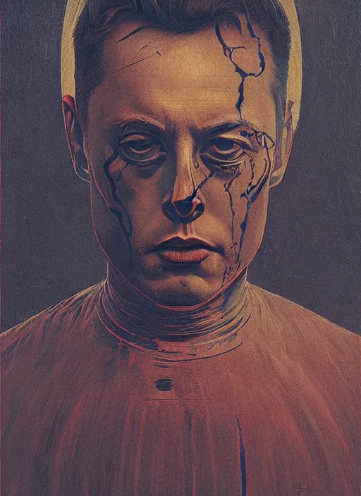 Image similar to A painting in a style of Beksinski featuring Elon Musk. Very detailed, symmetry