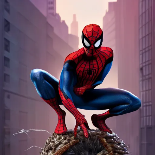 Image similar to spider - man sit on the raccoon and eating donuts, concept art, trending on artstation, highly detailed, intricate, sharp focus, digital art, 8 k