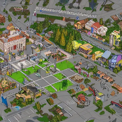 Image similar to a modern town map with town hall and playground, artstation, concept art