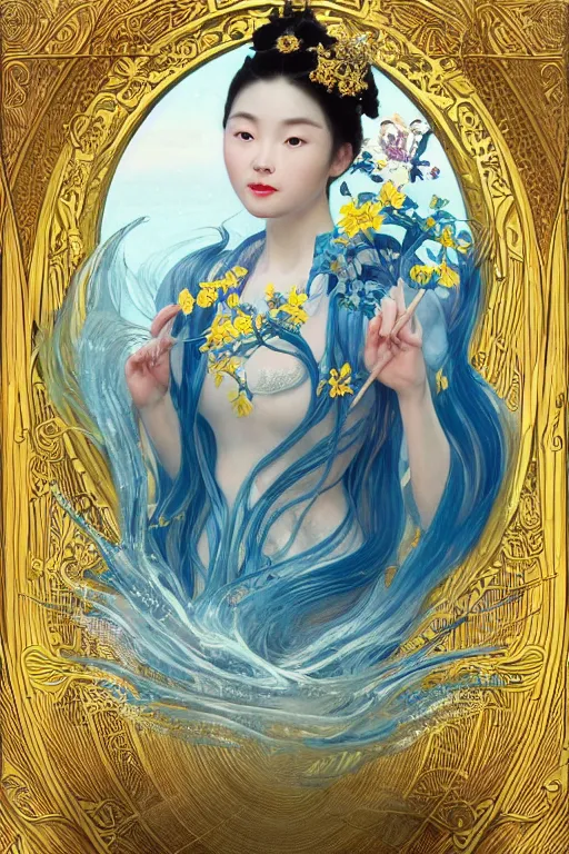 Prompt: a beautiful young woman, Queen of the Sea Mu Yanling, long flowing white hair, blue and yellow robe that resembles floating wings, water flowing and floating around, young female face, liquid magic, cinematic top lighting, insanely detailed and intricate, face by Artgerm, design by Alphonse Mucha, Kuvshinov Ilya, Irakli Nadar, render by krenz cushart, golden ratio, symmetrical proportions, elegant, ornate, luxury, elite, matte painting, MTG, magic the gathering, trending on artstation, cinematic, cgsociety, 8k, high resolution,