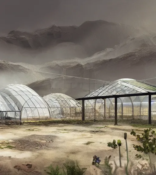 Prompt: a matte painting of a white 3 stepped biroremediation architecture, greenhouse in the mining tailings in the desert, prairie, cottage town, foggy, patchy flowers, oil painting, pale colors, high detail, 8 k, wide angle, trending on artstation, behance