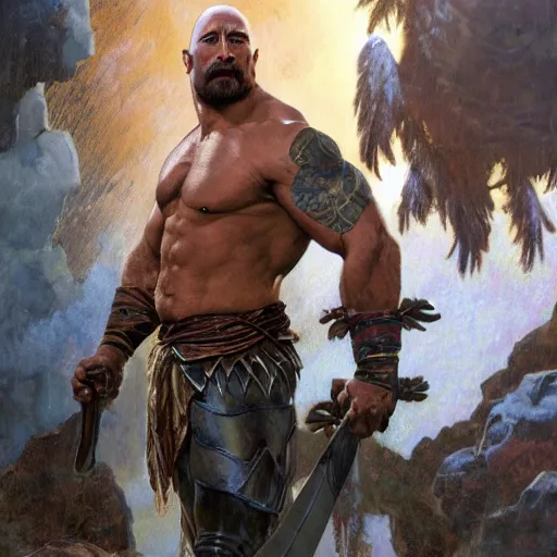 Image similar to Dwayne Johnson as Kratos, highly detailed, digital painting, artstation, concept art, smooth, sharp focus, illustration, ArtStation, art by artgerm and greg rutkowski and alphonse mucha and J. C. Leyendecker and Edmund Blair Leighton and Katsuhiro Otomo and Geof Darrow and Phil hale and Ashley wood and Ilya repin and Charlie Bowater