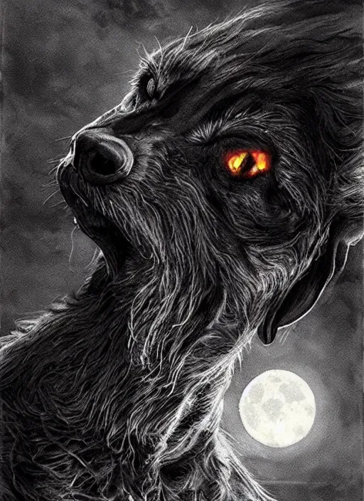 Image similar to a dachshund werewolf transforming under a full moon, dark colors, sinister atmosphere, dramatic lighting, cinematic, establishing shot, extremely high detail, photo realistic, cinematic lighting, pen and ink, intricate line drawings, by Yoshitaka Amano, Ruan Jia, Kentaro Miura, Artgerm, post processed, concept art, artstation, matte painting, style by eddie mendoza, raphael lacoste, alex ross