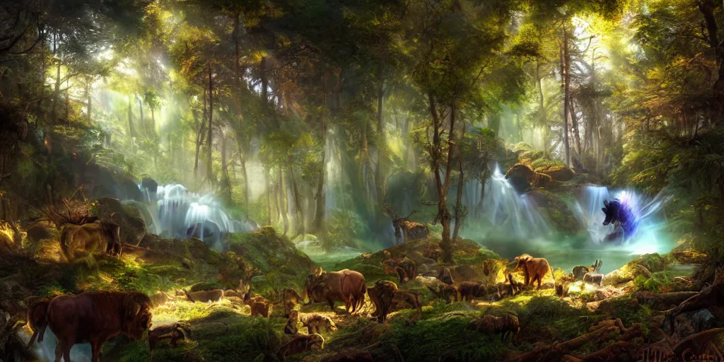 Prompt: buffalo in the forest, magical energies emanating from it, waterfall, god rays, wide angle, fantasy art, matte painting, sharp focus, vibrant colors, high contrast, illustration, art by justin gerard