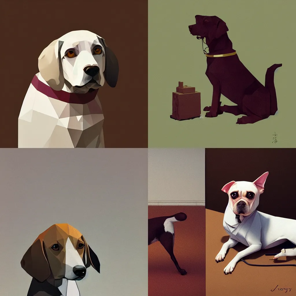 Prompt: low polygon render of dog by moebius and atey ghailan by james gurney by vermeer by George Stubbs in the of style anime by Lim Heng Swee photo of a dog