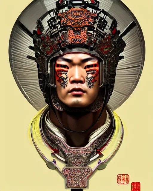 Image similar to portrait of a chinese masculine male cyberpunk machine, machine face, upper half portrait, decorated with chinese opera motifs, muscular, asian, fine china, wuxia, traditional chinese art intricate intense elegant 京 剧 highly detailed symmetry headpiece digital painting artstation concept art smooth sharp focus illustration, art by artgerm and greg rutkowski alphonse mucha 8 k