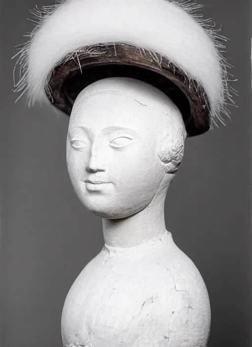 Image similar to realistic photo of a a medieval antique old wooden sculpture of a girl dressed white spherical fluffy hat helmet, greyscale 1 9 9 0, life magazine photo, natural colors, metropolitan museum, kodak