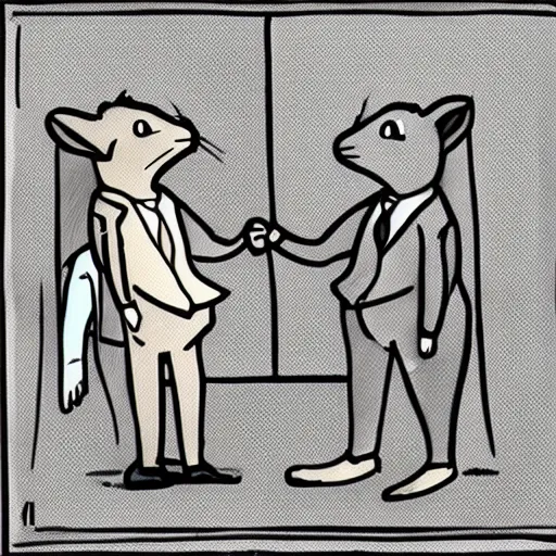 Image similar to an illustration of a mouse and a rabbit in suits shaking hands