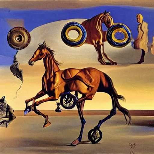 Prompt: A horse with wheels splits the fabric of time. Painting by Salvador Dali.