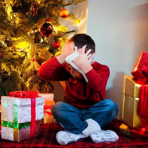 Image similar to a kid at christmas disappointed and sad looking a giant moai statue, his hands buried in his face, sitting down. | inside of a house next to a christmas tree, large opened present box next to the moai