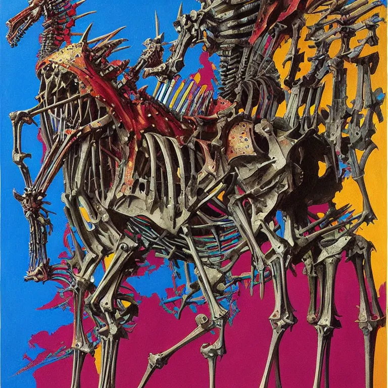 Prompt: vibrant painting by Ani Albers of a colorful vibrant RGB spiked horse skeleton with armored joints stands in a large cavernous throne room with halberd in hand, Massive shoulderplates. Extremely high detail, realistic, fantasy art, solo, masterpiece, bones, ripped flesh, by Zdzisław Beksiński, Arthur Rackham, Dariusz Zawadzki, Harry Clarke