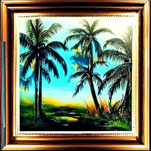 Prompt: framed painting of a beautiful tropical landscape