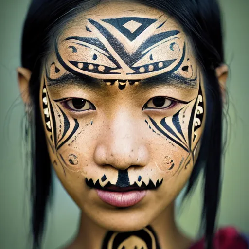 Image similar to portrait of a stunningly beautiful asian tribal female, with tribal face paint, freckles, depth of field, zeiss lens, detailed, symmetrical, centered, fashion photoshoot, by Annie Leibovitz and Steve McCurry, David Lazar, Jimmy Nelsson, Breathtaking, 8k resolution, extremely detailed, beautiful, establishing shot, artistic, hyperrealistic, beautiful face, octane render