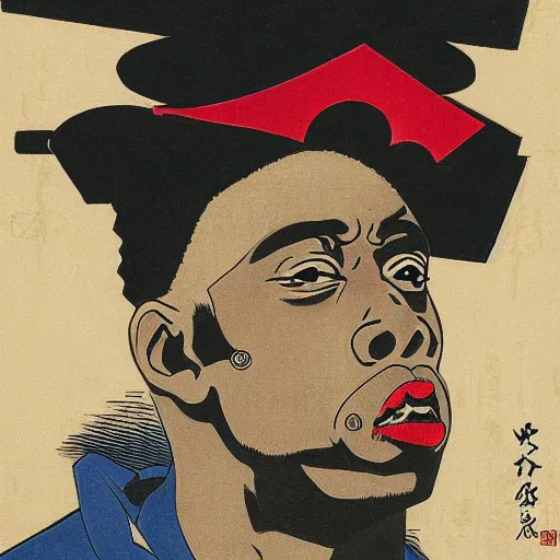 Image similar to Inspectah Deck rapping, portrait, style of ancient text, hokusai