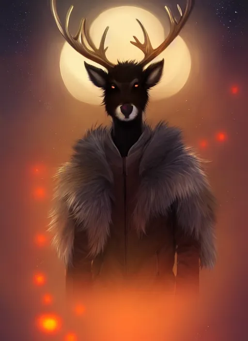 Prompt: award winning beautiful portrait commission of a male furry anthro Black Reindeer fursona with a tail, wings and a cute beautiful attractive detailed furry face wearing stylish black and orange galaxy clothes in a outerspace city at night while it rains. Character design by charlie bowater, ross tran, artgerm, and makoto shinkai, detailed, inked, western comic book art