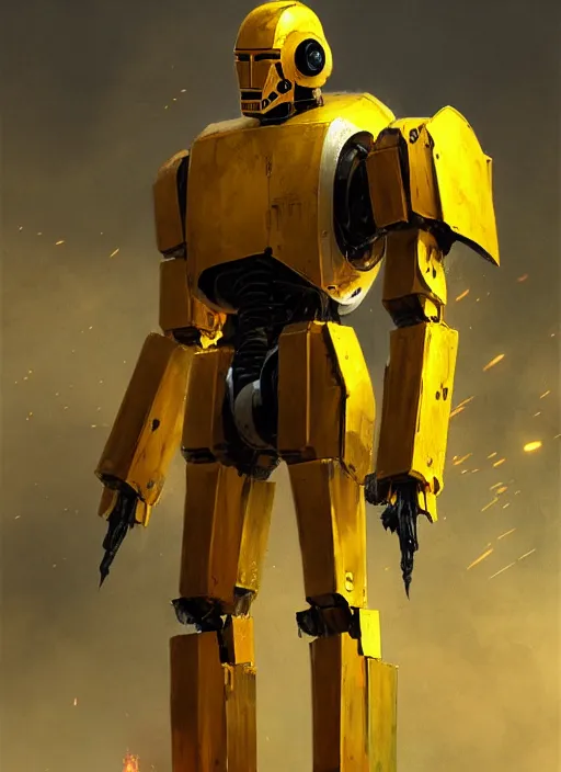 Image similar to human-sized strong intricate yellow pit droid, carrying longsword and big paladin shield, pancake flat head, exposed metal bones, painterly humanoid mecha, full body, sharp focus, cinematic, by Greg Rutkowski