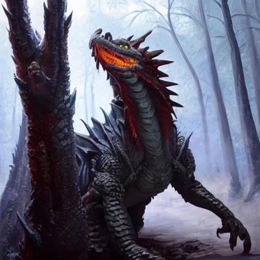 Prompt: oil painting of dragon in cold forest, dnd character, fantasy, magic, realistic textured skin, big lizard head, eagle feather, glowing eyes, clear clean, artgem, boris valejo, goro fujita, frank frazetta, trending on artstation, digital painting, beautiful, very detailed, pixar