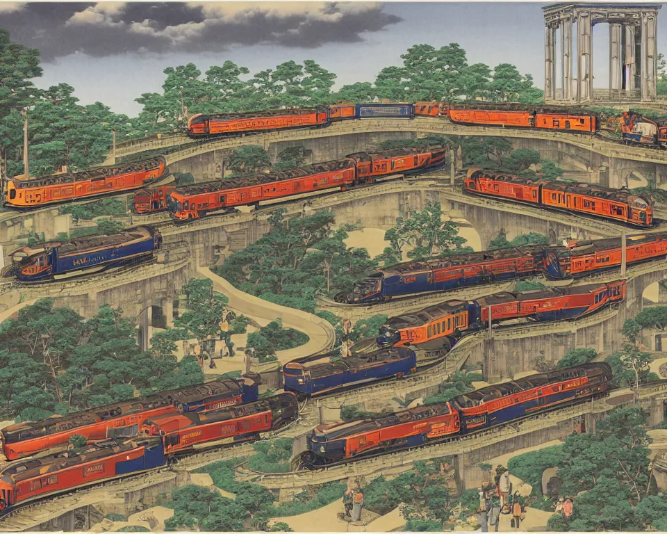 Image similar to an elaborate model train layout featuring mallard locomotives by Hasui Kawase, Raphael, and Bernini.