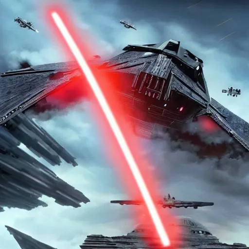 Image similar to darth vader using the force to bring down a star destroyer, epic, cinematic, concept art, incredible